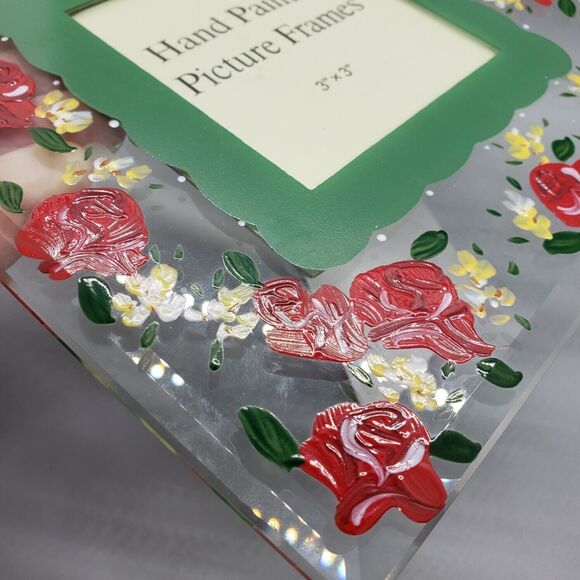 Square Beveled Glass Picture Frame w Hand Painted Red Roses Floral Enamel Table - Picture 4 of 8